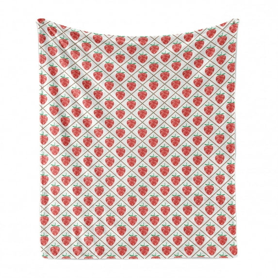 Fruit Art Soft Flannel Fleece Throw Blanket, Floral Ornamental Strawberries in Tiny Dotted Rhombus Symmetric, Cozy Plush for Indoor and Outdoor Use, 50" x 60", Vermilion White Green, by Ambesonne