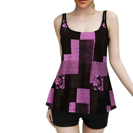 Wyobmus Tankini Swimsuits for Women Two Piece Tummy Control Bathing Suit High Waist Printing Padded Swim Dress With Boyshorts C-Hot Pink