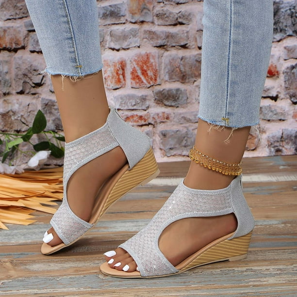 Mesh Open Toe Low Heel Dress Shoes IUJSOY Womens Wedges