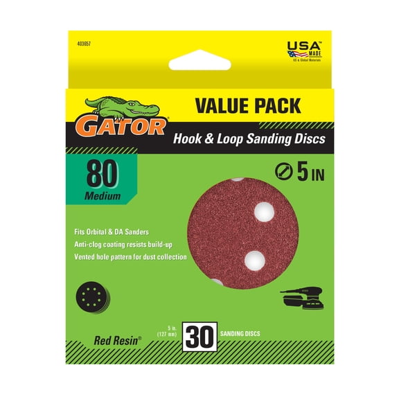 Gator 403657 5 in Medium 80 Grit Hook & Loop Sanding Discs, 30 Pieces