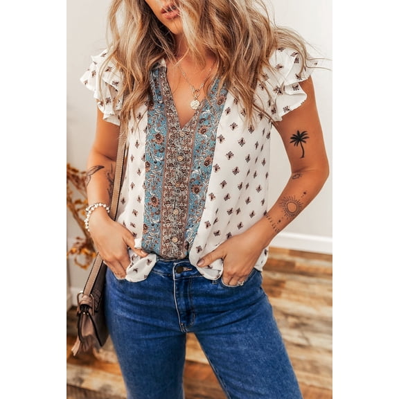 Boho Pattern Tiered Ruffled Sleeve V Neck Buttoned Blouse