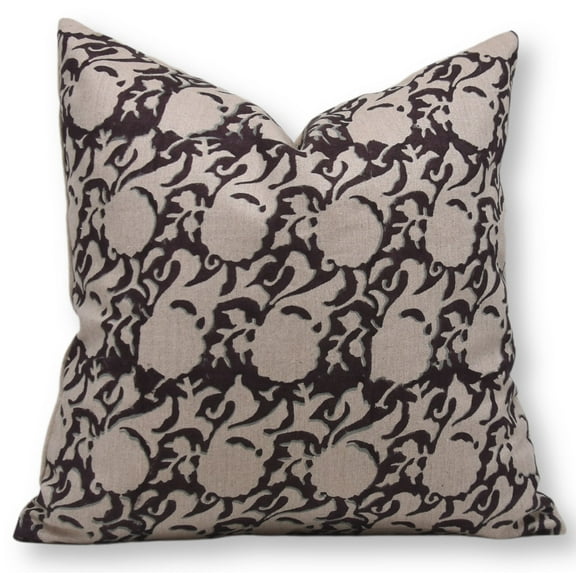 Fabdivine Block Print Throw Pillow Cover, 20x20 Inch Pure Linen Handmade Cushion Cover, Floral Print Boho Design Chocolate Brown Pillow Cover for Sofa and Couch