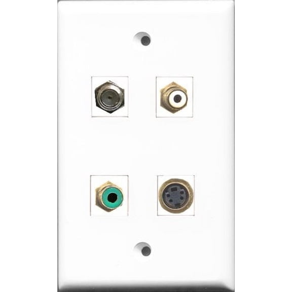 RiteAV 1 Port RCA White and 1 Port RCA Green and 1 Port Coax Cable TV- F-Type and 1 Port S-Video Wall Plate