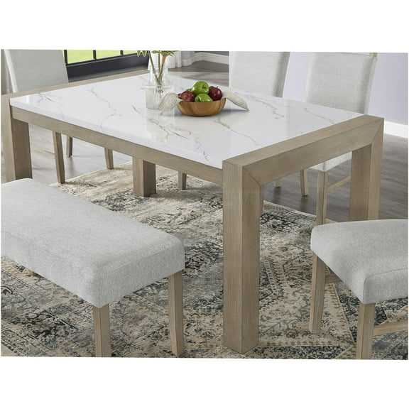 JERFIT 66 Inch Dining Table for 6, White Faux Marble Kitchen Table with Light Oak Wood Legs, Modern Parson Style Dining Room Table