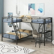 Twin over Full Bunk Bed with a Twin Size Loft Bed attached, with a Desk, Metal, Black