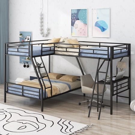 Twin Over Full L-Shaped Triple Bunk Bed with Desk - 3-in-1 Space-Saving Sleeper, 350LBS Capacity, Metal Frame, No Box Spring Needed, Ideal for Guest Rooms & Large Families