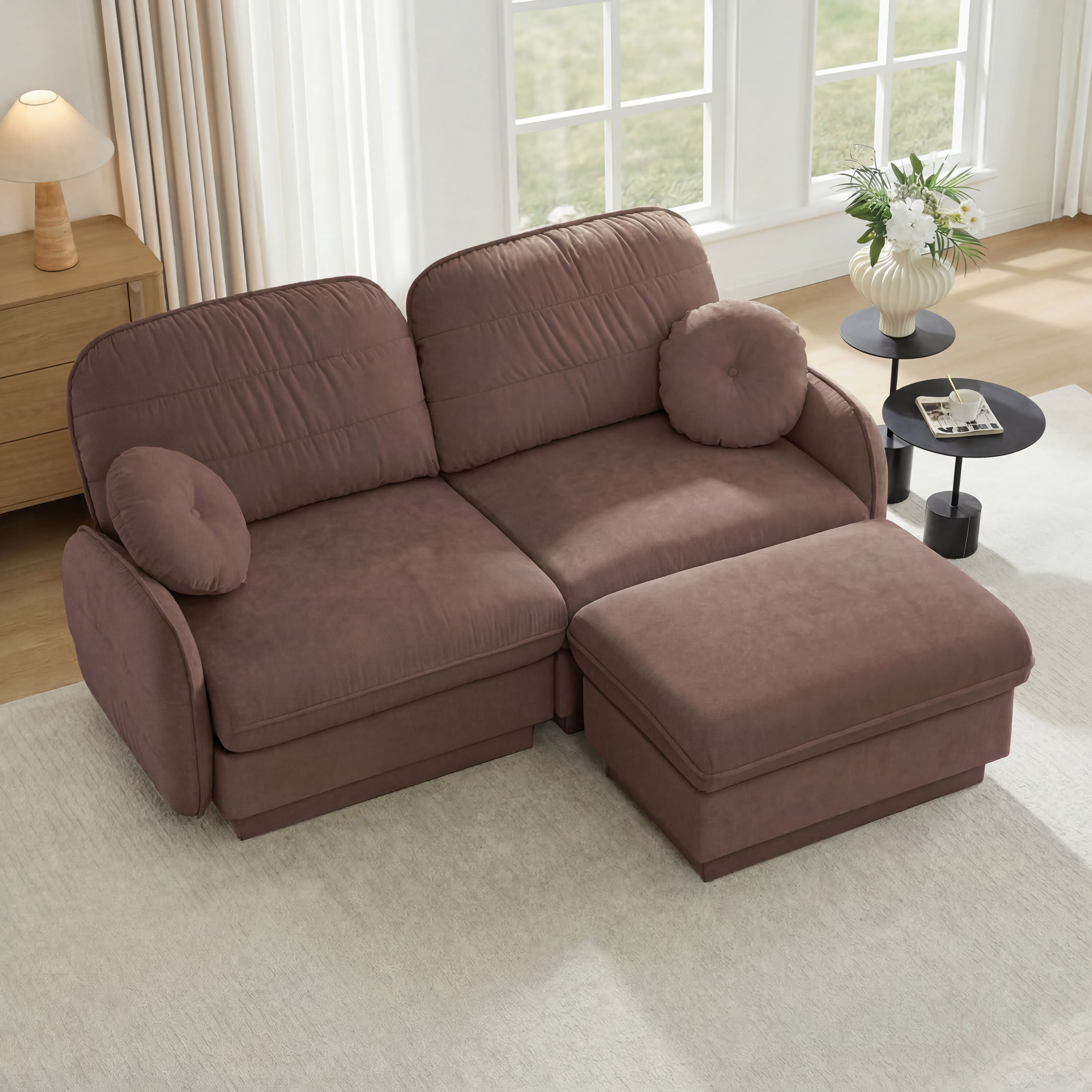 Mintazer Chenille Cloud Loveseat Sofa with Movable Ottoman and Round Pillows, L-Shaped Ergonomic Sofa Couch for Living Room, Bedroom, Rose Dust