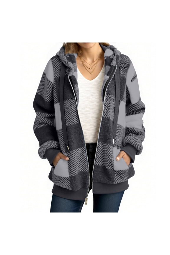 Winter Quilted Coat Womens Fuzzy Fleece Hoodies Jacket, Zip up Oversized Fleece Jackets Loungewear Winter Warm Outwear Coat with Pockets Dark Gray S