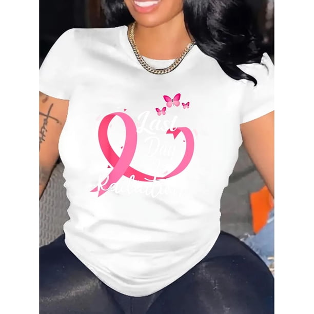 Camiseta básica de verano para mujerBreast Cancer Awareness Pink Ribbon & Butterfly Graphic T-Shirt for Women - Casual, All-Season Knit Fabric, Round Neck, Elasticity, Comfortable Short Sleeve TopFa