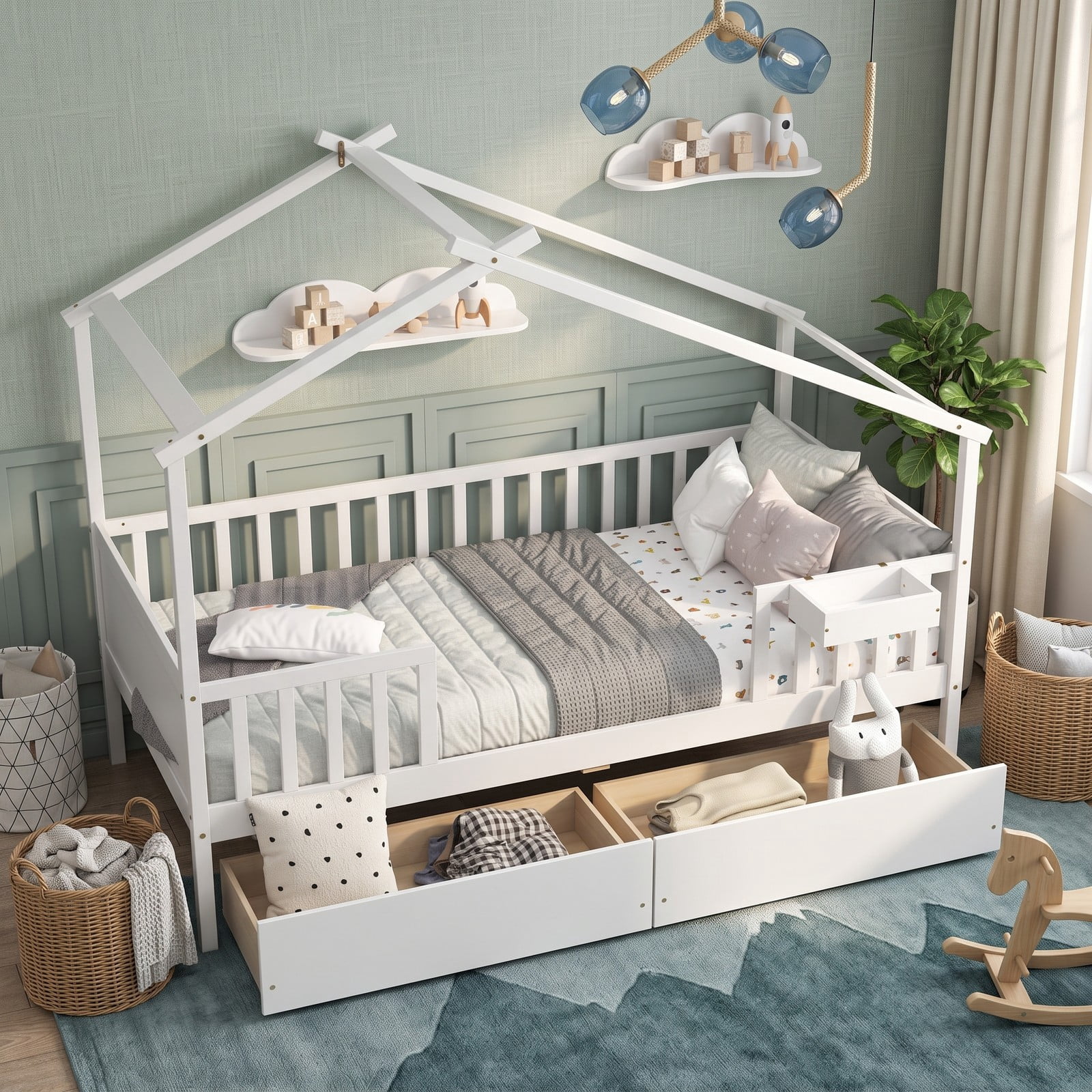 Furnibear Twin House Bed Frame with 2 Storage Drawers, Montessori Floor Bed with Roof Frame and Fence Rails for Kids Room, White