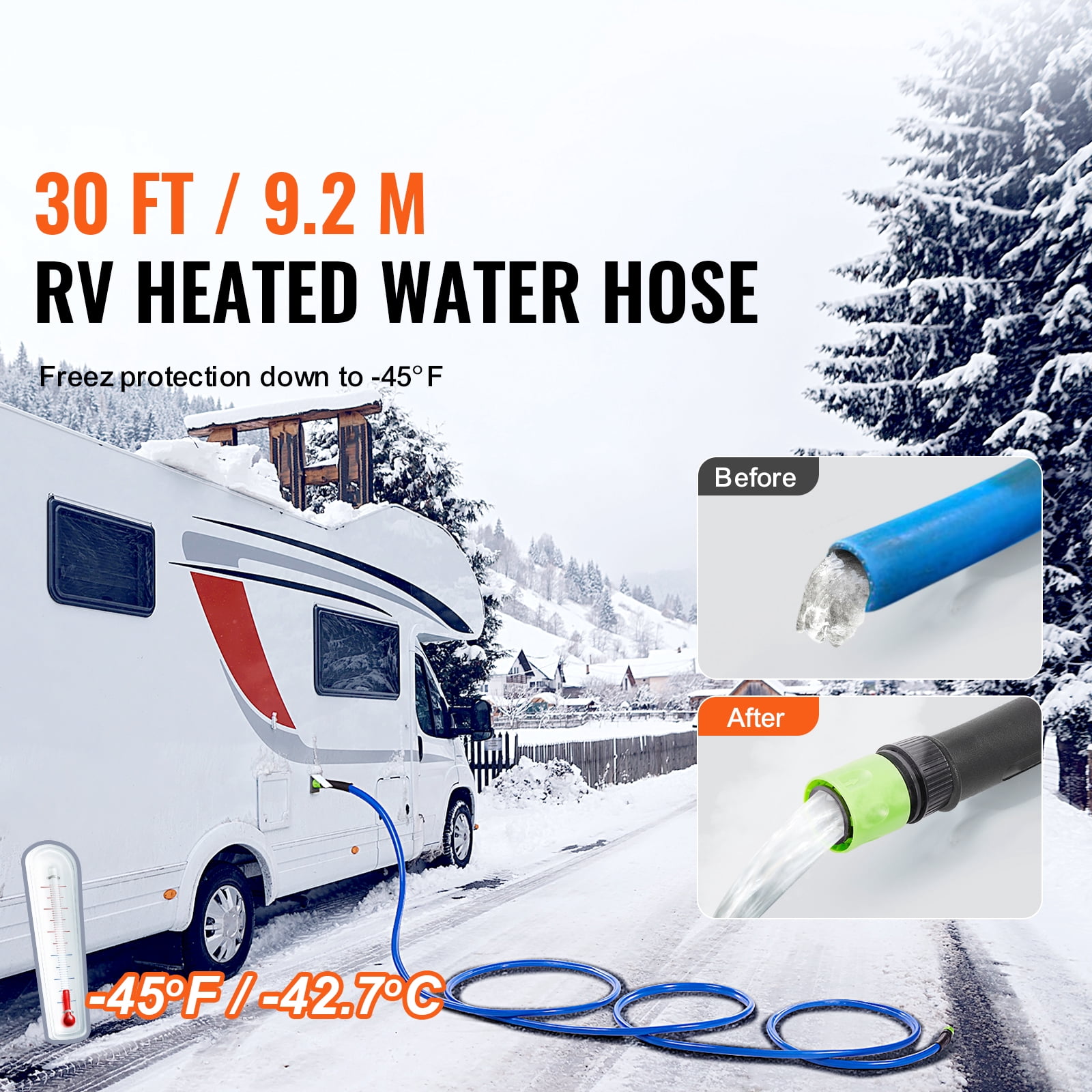 KFFKFF 30ft RV Heated Hose, Prevents Freezing Down to -45°F, Self-Regulating, 5/8" Inner Diameter, Includes 3/4" GHT Adapter, Free from Lead and BPA