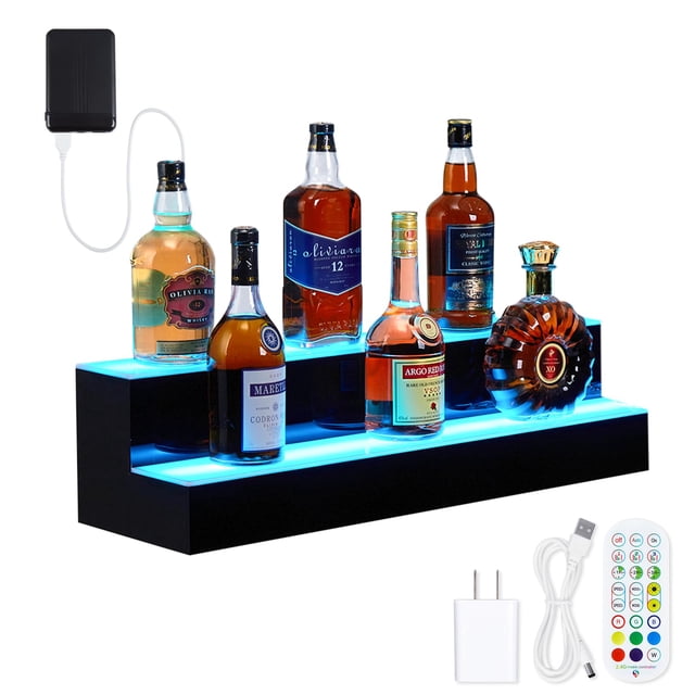LED Lighted Liquor Bottle Display Shelf, 30 Inch 2-Tier Acrylic Wall-Mounted Bar Shelf, Multicolor Lighting, Remote, Wireless & App Control, Music Modes, Timer, Modern Rack, Rectangle, 30 inches