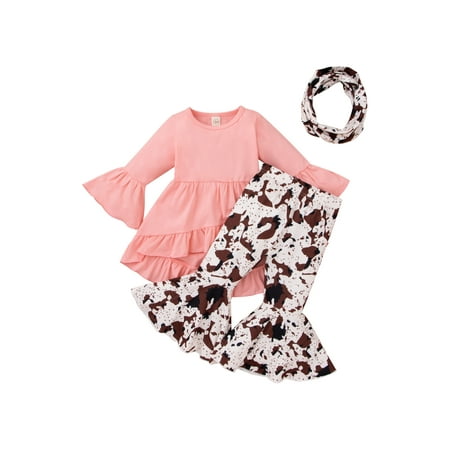 

Jkerther 3Pcs Toddler Baby Girls Outfit Long Sleeve Irregular Hem Peplum Tops + Floral Flare Pants + Scarf Set