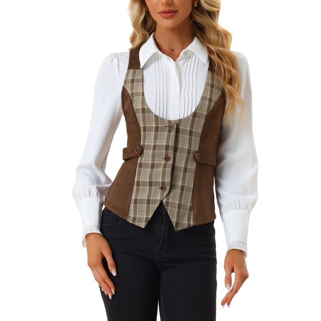 INSPIRE CHIC Gilet Sans Manches à Carreaux pour Femmes avec Boutons, Panneau en Faux Suède, Style Vintage, Marron