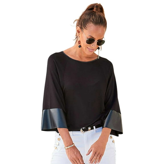 LASCANA Women's Dolman Sleeve Leather Trim Top
