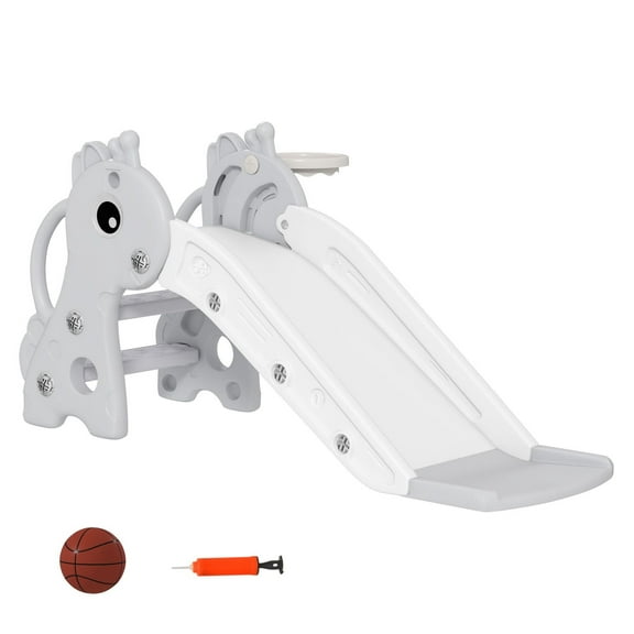 Toddler Slide 3-in-1 for Ages 1-3, Freestanding Climber with Basketball Hoop - Giraffe Design, Gray