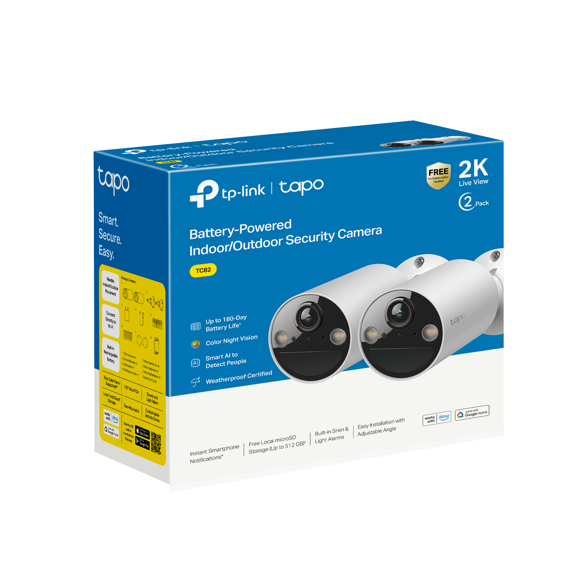 TP-Link Tapo Wireless Indoor/Outdoor 2K Security Camera, Waterproof, Rechargeable, Battery-Powered, Install Anywhere, Local or Cloud Storage - Subscription not Required, Two-Way Audio - TC82(2-pack)
