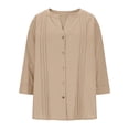 thumbnail image 2 of TaTaai Women’s V Neck Button Front 3/4 Sleeve T Shirts Casual Loose Blouses Pleated Solid Color Linen Blend Polyester Tops Spring Summer Daily Tees Gift, 2 of 9