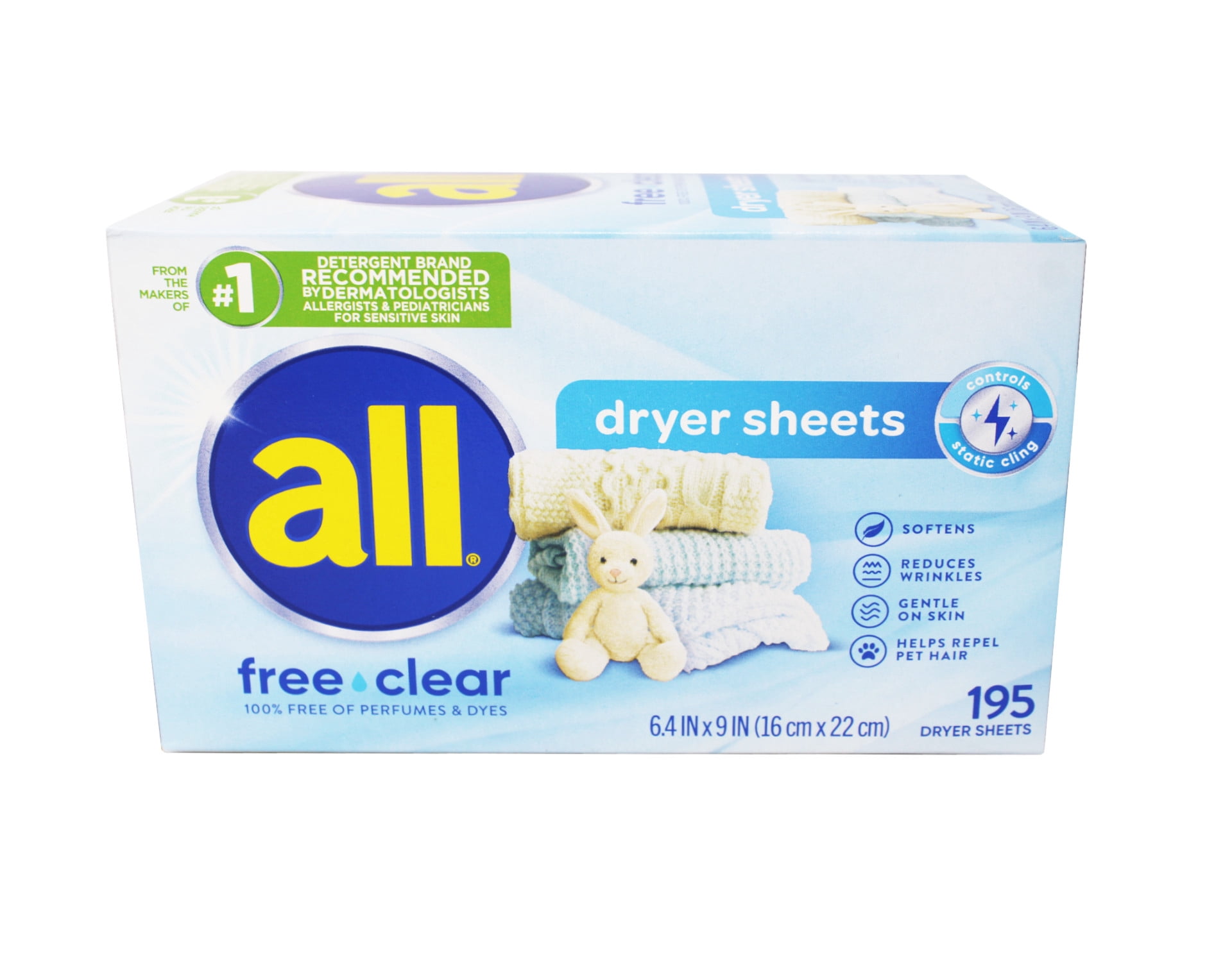 all Fabric Softener Dryer Sheets for Sensitive Skin, Free Clear, 195 Count - 6 Pack