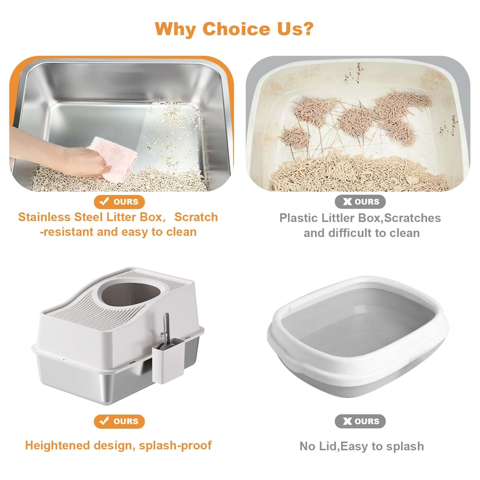 Yeshouse Stainless Steel Litter Box with Lid, Extra Large Enclosed Cat Litter Box for Big Cats, Anti-Leakage Metal Kitty Box with High Sided Enclosure Scoop Pedal & Non-Slip Mat Easy to Clean