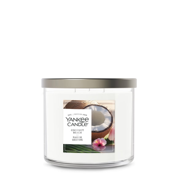 Bougie Yankee Candle en pot à 3 mèches, parfumée avec jusqu’à 40 heures de temps de combustion, mélange de cire de soya pour un parfum constant et durable, plage de cocotiers