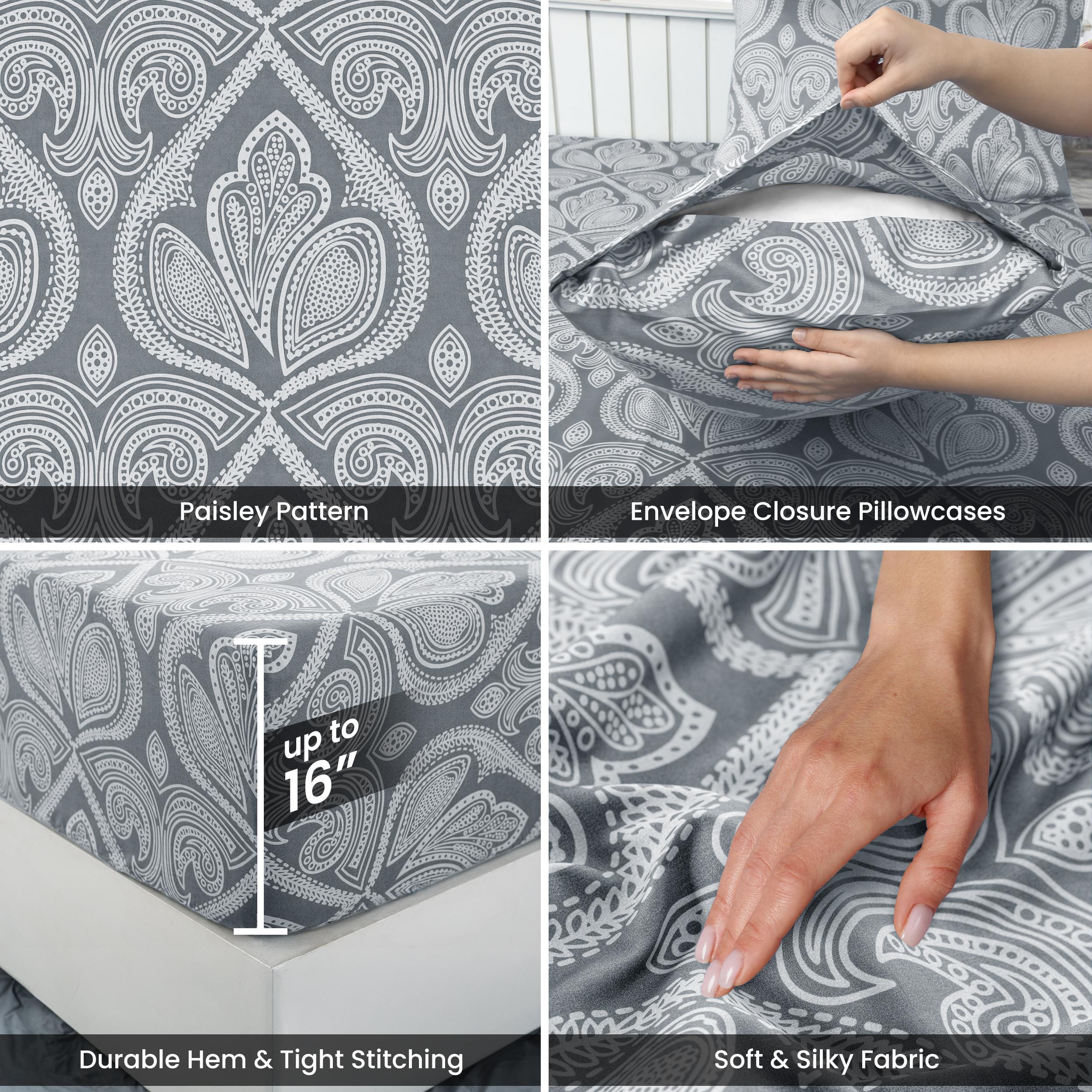 Lux Decor Collection Queen Sheet Set, 6-Piece Paisley, Grey photo 4