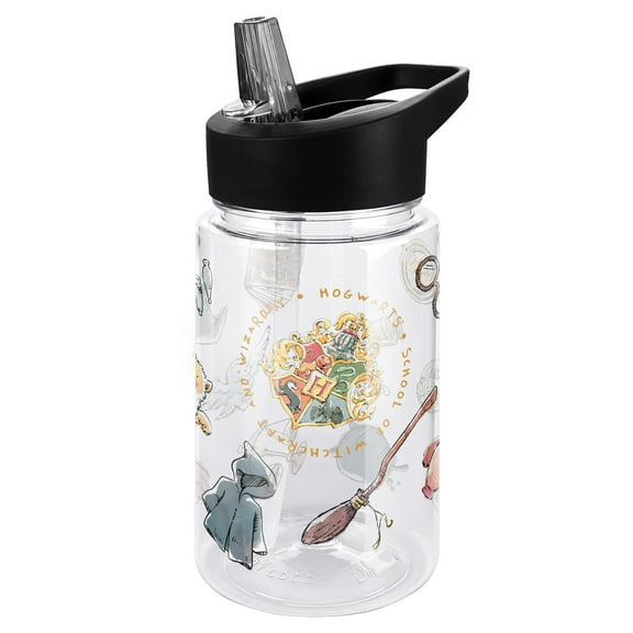 Harry Potter Kids Tritan Plastic Water Bottle with Straw Lid and Handle, Reusable Tumbler for Toddlers, Unisex for Girls and Boys, 12oz, HP Watercolor Pattern