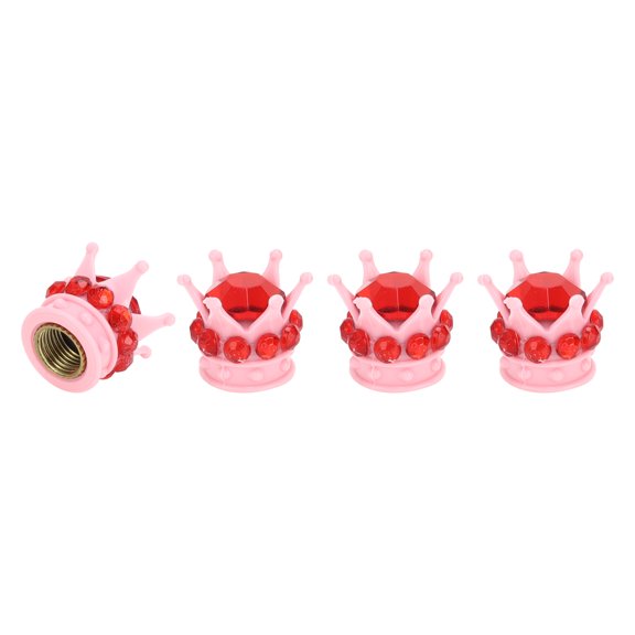 Tire Valve Stem Caps 12.8x15.8MM Car Wheel Valve Cap ABS Pink Red Faux Crystal Crown Style 4 Pcs