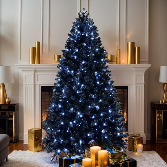 Resenkos Artificial 7.5ft Black LED-lit Christmas Tree with 2156PE/PVC Mixed Branch Tips,Hinged Premium & Foldable Base for Indoor Holiday Decorating, Black