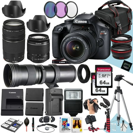 Canon EOS Rebel T100 DSLR Camera With Canon EF-S 18-55mm F/3.5-5.6 DC III Zoom, EF 75-300mm f/4-5.6 III And 420-800mm f/8.3 HD Lens + 128 GB Memory + Filters + More (34pc Bundle)