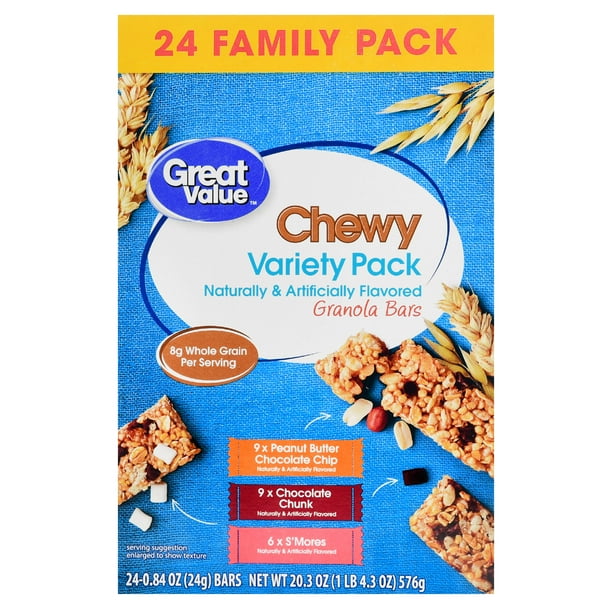 Great Value Chewy Variety Pack Granola Bars Value Pack, 0.84 oz, 24