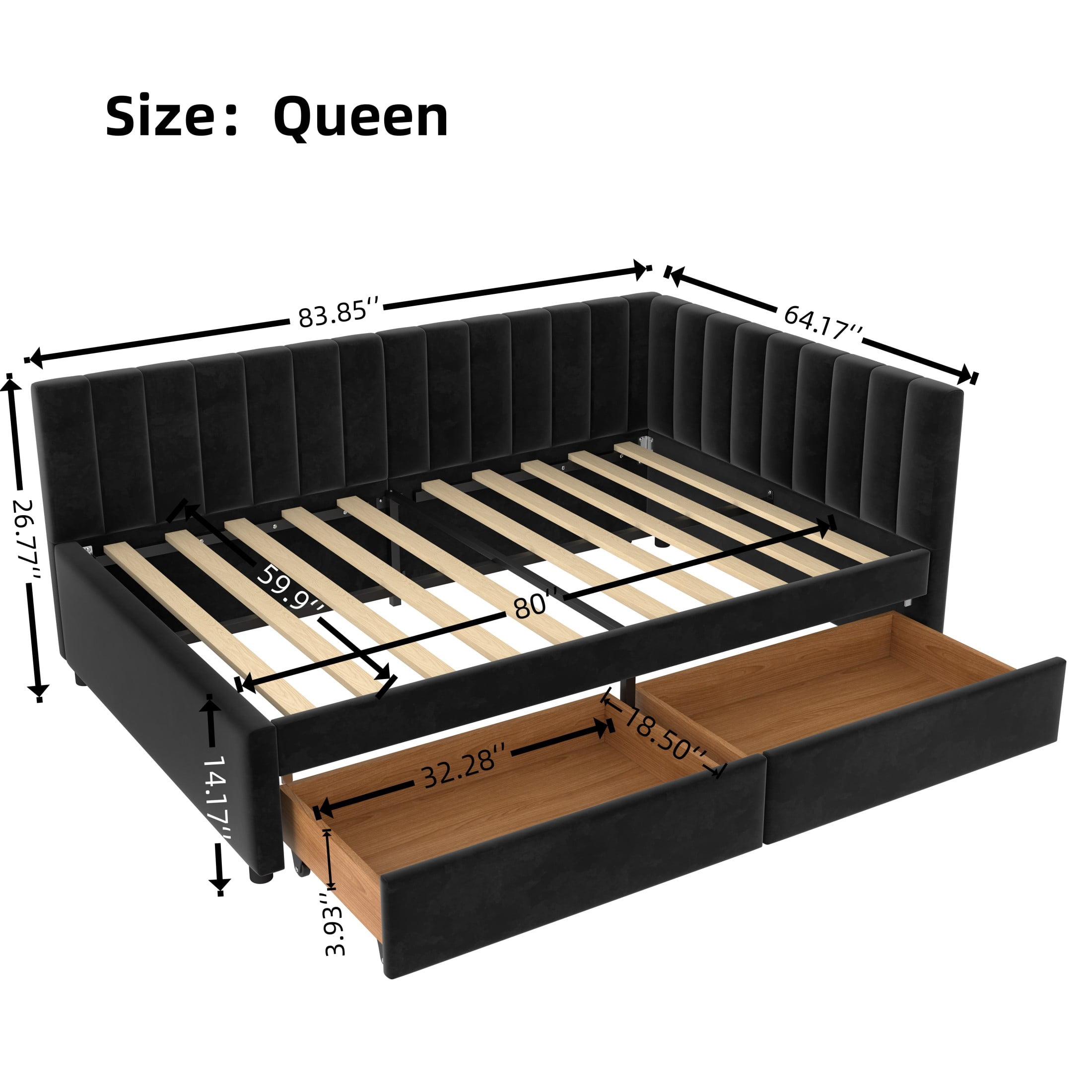 Aukfa Queen Size Upholstered Daybed with 2 Storage Drawers, L-Shaped Channel-Tufted Headboard, Black