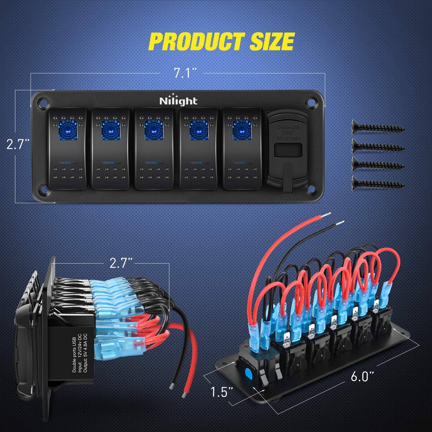 Nilight 5 Gang Rocker Switch Panel Blue Backlit with PD Type C and QC 3.0 USB Charger Voltmeter Waterproof 12V 24V DC Rocker Switch for Car Trucks Boats RVs