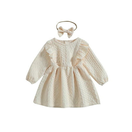 

Sunisery Baby Girl Corduroy Ruffle Dress Toddler Long Sleeve Smocked Princess Party Dress Fall Winter Outfit with Bowknot Headband