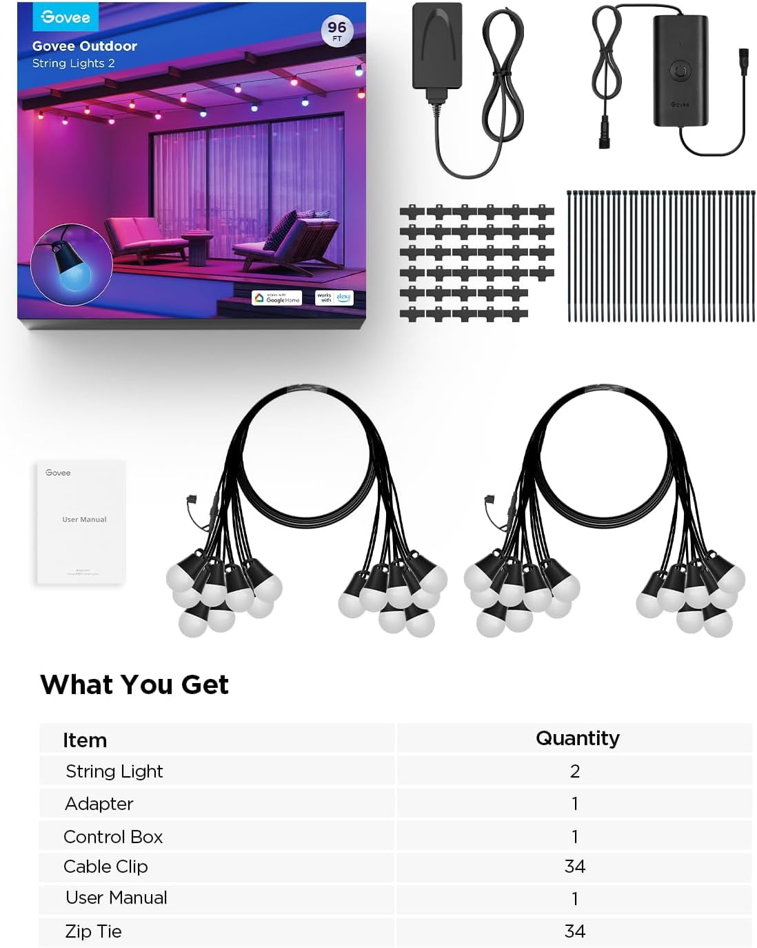 Govee Smart Outdoor String Lights 2, 96ft,RGBIC, Dimmable Warm White, 47 Scenes, IP65, Alexa,App Control