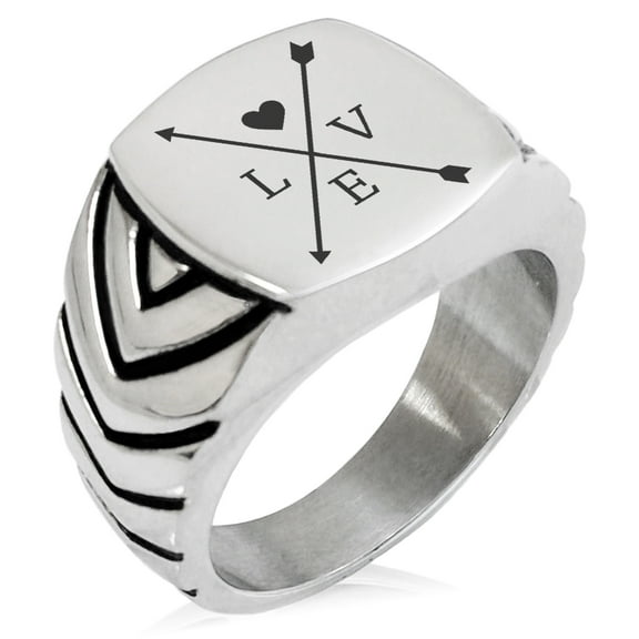 Tioneer Stainless Steel Heart Love Arrow Compass Chevron Pattern Biker Style Polished Ring