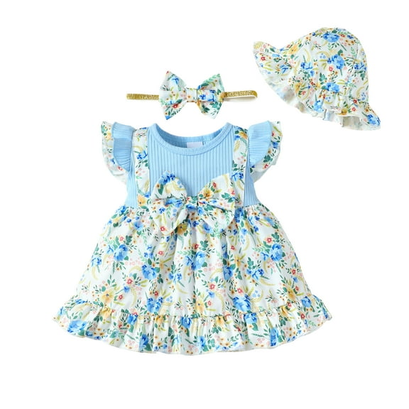 OLLUISNEO Newborn Baby Girls Clothes 3-6 Months Girls Dress Newborn Girls Flying Sleeve Dress Summer Floral Dress Headband Hat 3pcs Set, Blue