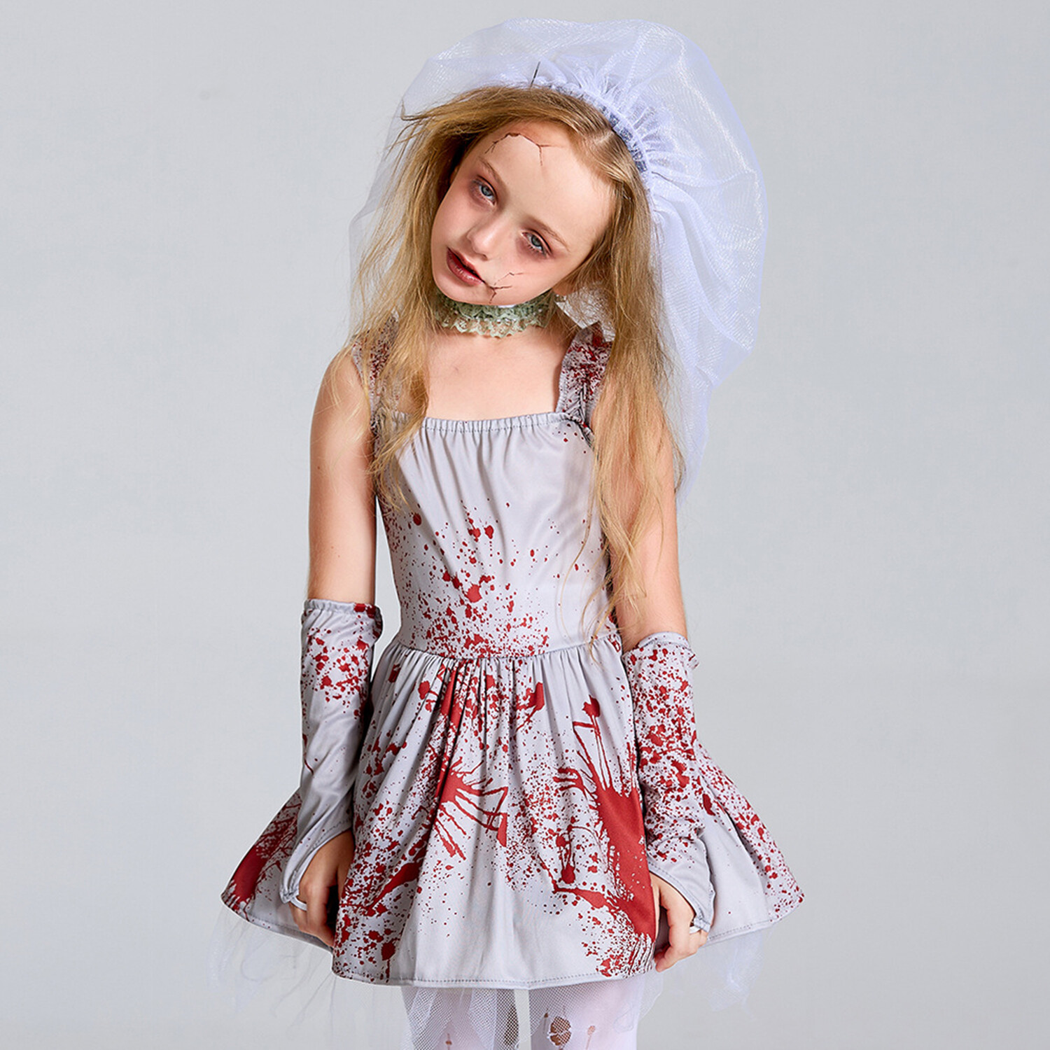Phenas Girls Scary Bloody Ghost Bride Halloween Costume Horror Ghost Cosplay Dress-up - image 3 of 7