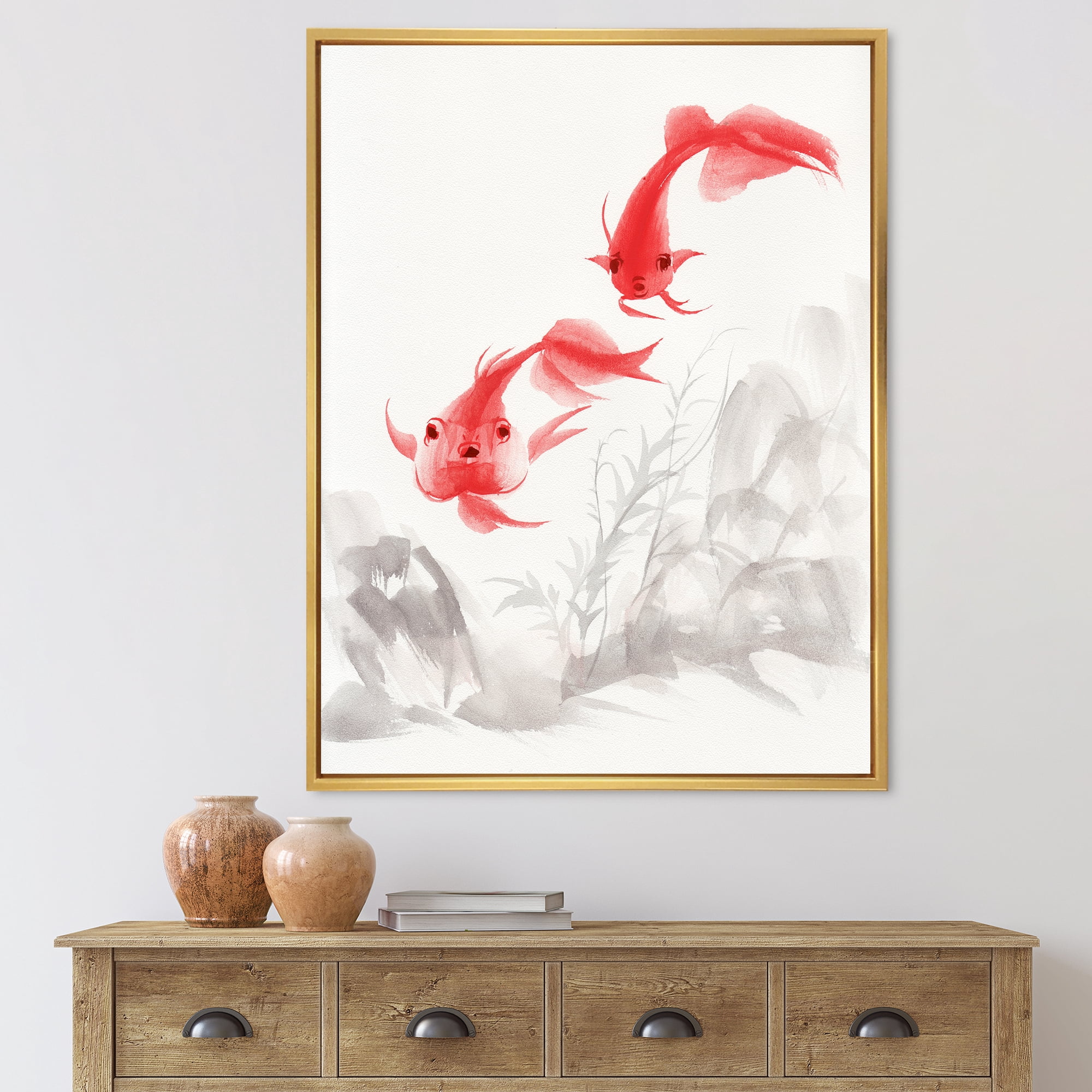 Designart 'Ancient Gold Fishes' Nautical & Coastal Framed Canvas Wall Art Print