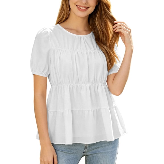 Daznico Women's Puff Sleeve Tiered Blouse Round Neck Peplum Tops Short Sleeve Casual Summer Loose Fit Shirts for Work,M