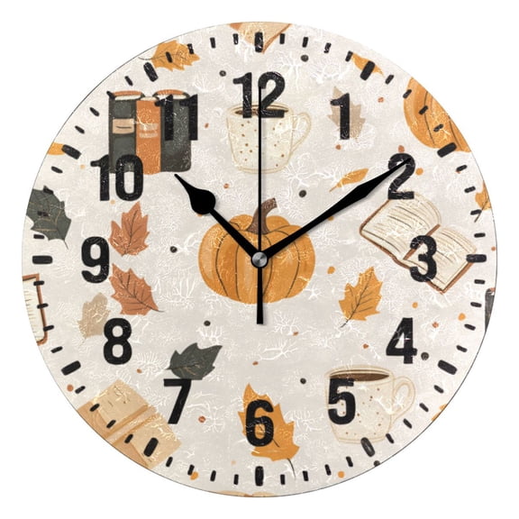 Yayeee 10" Wall Clock Battery Operated Quartz Round Silent Non-Ticking Home Decor, Beige Fall Pumpkin