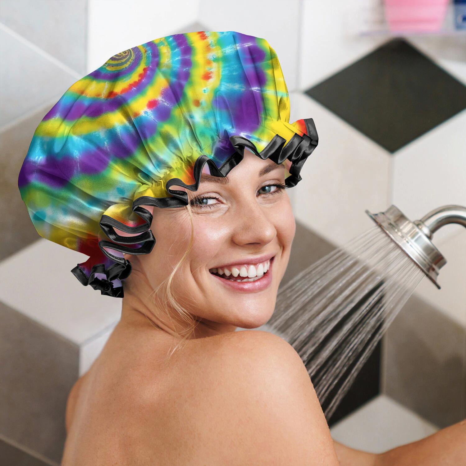 Shower Caps,Colorful Rainbow Tie Dye Spiral Pattern Waterproof Shower Cap for Women 4 Pieces,Double Reusable Hair Cover for Shower PEVA Elastic Stretch Hem