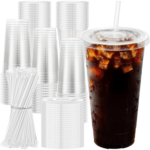 24 oz 100 Pack Plastic Cups with Lids and Straws, Sturdy Food Safe Iced Clear Coffee Cups Disposable Smoothie Cups for Cold Drinks,Disposable cup