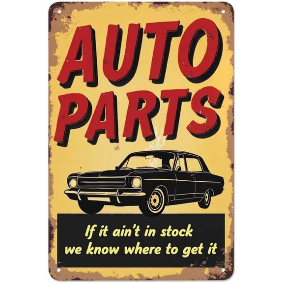 Auto Parts Tin Sign,Car and Lettering On Yellow Background Vintage Metal Tin Signs for Cafes Bars Pubs Shop Wall Decorative Funny Retro Signs for Men Women 8x12 Inch