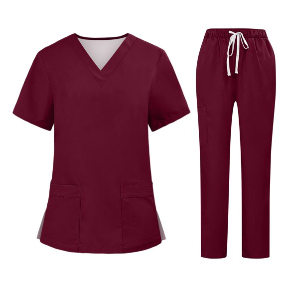 Resivox Womens Scrubs Plus Size Scrub Sets Petite V Neck Scrub Pants and Tops Nursing Uniforms Medical Uniforms with Pockets Wine XL