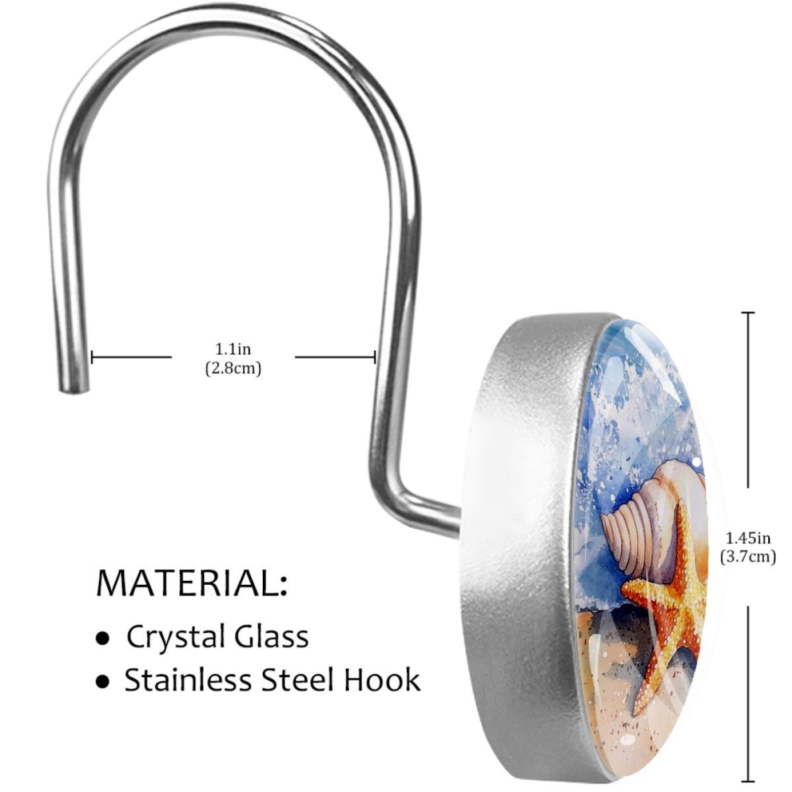 Beach Starfish Conch Shower Curtain Hooks Round Crystal Glass, Set of 12 Shower Curtain Rings - Shower Hooks for Curtain Shower Rings