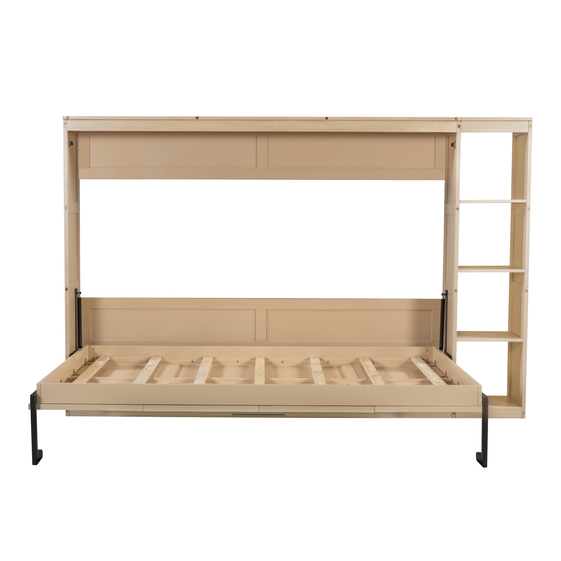Noble House Vayen Full Size Murphy Bed with Integrated Bookshelf, Wood Wall Bed Cabinet, Space-Saving Design, Natural