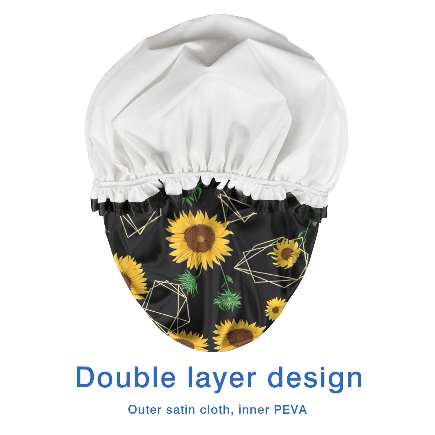 Shower Caps,Black Geometric Sunflower Pattern Waterproof Shower Cap for Women 4 Pieces,Double Reusable Hair Cover for Shower PEVA Elastic Stretch Hem