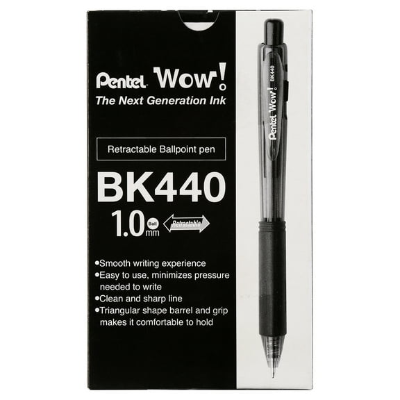 Pentel WOW! Retractable Ballpoint Pen, 1mm, Black Barrel/Ink, Dozen