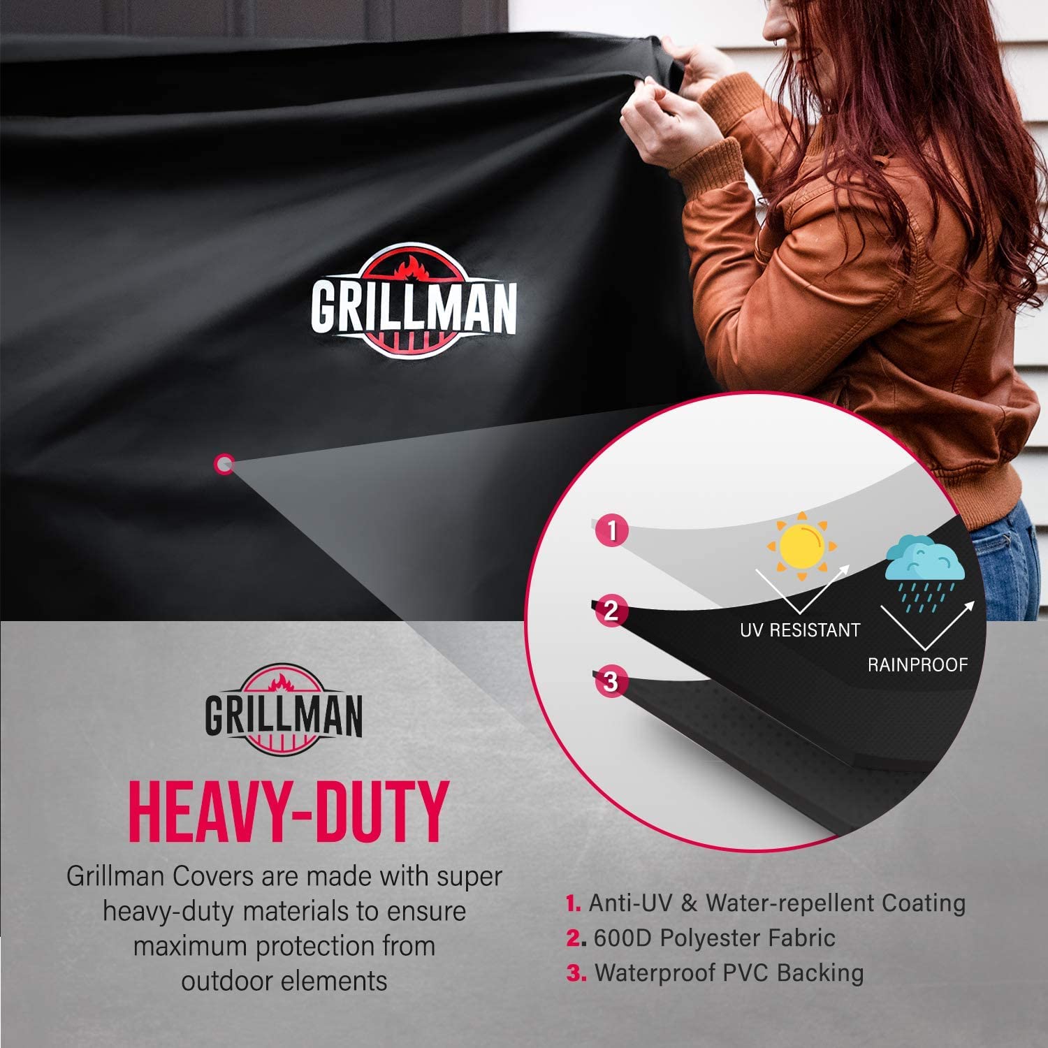 Grillman Premium BBQ Grill Cover Heavy-Duty Gas Grill Cover for Weber Brinkmann Char Broil etc. Rip-Proof UV & Water-Resistant. (58 L x 24 W x 48 H, Black) - image 3 of 7